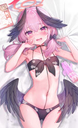 Rule 34 | 1girl, akabane (zebrasmise), bed sheet, bikini, black bikini, black bow, black wings, blue archive, bow, commentary request, dildo, flat chest, floral print, front-tie bikini top, front-tie top, hair bow, halo, head wings, highres, koharu (blue archive), koharu (swimsuit) (blue archive), looking at viewer, lying, medium hair, navel, official alternate costume, on back, open mouth, pink eyes, pink hair, print bikini, red halo, sex toy, solo, sweat, swimsuit, tears, twintails, wings
