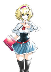 Rule 34 | 1girl, alice margatroid, aqua eyes, belt, black thighhighs, blonde hair, blue skirt, book, breasts, capelet, center frills, closed mouth, commentary request, corset, feet out of frame, frilled shirt, frills, hairband, hiyashiru, holding, holding book, medium breasts, necktie, outstretched arm, pink hairband, red necktie, shirt, short hair, short sleeves, simple background, skirt, smile, solo, spread fingers, standing, thighhighs, touhou, white background, white capelet, white shirt, zettai ryouiki