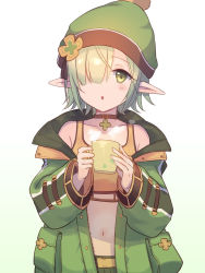 Rule 34 | 1girl, :o, aoi (camp) (princess connect!), aoi (princess connect!), bare shoulders, beanie, black choker, blush, choker, collarbone, crop top, cup, elf, gradient background, green background, green eyes, green hair, green hat, green jacket, gucchiann, hair over one eye, hat, highres, holding, holding cup, jacket, long sleeves, mug, navel, off shoulder, open clothes, open jacket, parted lips, pointy ears, princess connect!, puffy long sleeves, puffy sleeves, solo, steam, white background