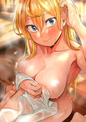 Rule 34 | 1girl, adjusting hair, blonde hair, blue eyes, blush, breasts, cleavage, colored eyelashes, covering privates, tucking hair, hand in own hair, highres, holding, holding towel, large breasts, long hair, looking at viewer, naked towel, nude cover, official art, onsen, sitting, solo, steam, towel, wariza, wet, wet towel, yasuda kousuke