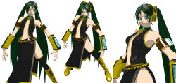 Rule 34 | 1girl, 3d, aqua eyes, asymmetrical clothes, belt, boots, breasts, calne ca (deino), cosplay, cross-laced footwear, deino (deino3330), detached sleeves, female focus, green hair, headset, highres, isopod, lace-up boots, long image, megurine luka (cosplay), midriff, multiple views, nail polish, navel, simple background, standing, tattoo, vocaloid, white background, wide image