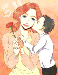 Rule 34 | 1boy, 1girl, apron, black hair, blue eyes, brown hair, carnation, clothes grab, closed eyes, flower, from side, holding, holding flower, jojo no kimyou na bouken, kiss, kissing cheek, kuujou holly, kuujou joutarou, long sleeves, mother and son, nanok21, open mouth, own hands together, red hair, smile, aged down