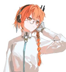 Rule 34 | 1girl, a.i. voice, adachi rei, alternate costume, alternate hair length, alternate hairstyle, bespectacled, braid, closed mouth, collared shirt, glasses, hand on headphones, hand up, hashtag-only commentary, headphones, highres, long hair, long sleeves, looking to the side, orange eyes, orange hair, round eyewear, rutsubo (lu2vooo), shirt, simple background, solo, upper body, utau, white background, white shirt