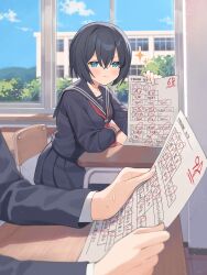 Rule 34 | &gt;:), 1boy, 1girl, absurdres, academic test, black hair, black jacket, black sailor collar, black serafuku, black shirt, black skirt, blazer, blue eyes, blue sky, blush, breasts, building, chair, closed mouth, cloud, commentary request, day, desk, hair between eyes, highres, holding, indoors, jacket, long sleeves, medium breasts, neckerchief, nirareba, on chair, original, partially translated, pleated skirt, puffy long sleeves, puffy sleeves, red neckerchief, sailor collar, school chair, school desk, school uniform, serafuku, shirt, sitting, skirt, sky, smile, smug, solo focus, sparkle, sweat, translation request, v-shaped eyebrows, window