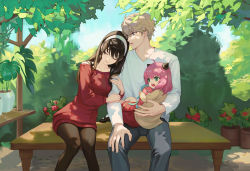 Rule 34 | 1boy, 2girls, ahoge, anya (spy x family), arm hug, bench, black hair, black pantyhose, blue eyes, breasts, bush, carrying, child, child carry, closed eyes, closed mouth, collarbone, denim, director chimera (spy x family), dress, family, feet out of frame, flower, garden, green eyes, hairband, highres, holding, holding stuffed toy, horn ornament, horns, jacket, jeans, leaning on person, lips, long hair, long sleeves, medium hair, multiple girls, off-shoulder sweater, off shoulder, on lap, open mouth, outdoors, pants, pantyhose, parted lips, pink hair, plant, potted plant, purpleneak, red lips, red skirt, red sweater, shirt, short hair, sitting, skirt, smile, spy x family, straight hair, stuffed toy, sweater, sweater dress, teeth, tree, twilight (spy x family), upper teeth only, v-neck, white hairband, white shirt, yellow jacket, yor briar