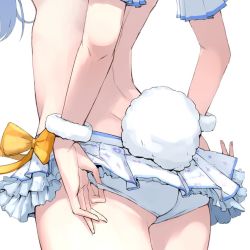 Rule 34 | 1girl, adjusting clothes, blue hair, bow, frilled skirt, frills, head out of frame, hololive, miniskirt, mitsuru (pixiv 34028718), rabbit tail, ribbon, short sleeves, skirt, solo, tail, thighs, usada pekora, virtual youtuber, wristband