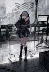 Rule 34 | 1girl, absurdres, bandaid, bandaid on face, black dress, black footwear, black jacket, boots, cable, chair, city, commentary, crack, cracked glass, dress, english commentary, food, full body, gawako, grey hair, hair over one eye, hand in pocket, highres, holding, holding food, ice cream, ice cream cone, indoors, jacket, knee boots, knees together feet apart, long hair, long sleeves, looking at viewer, monitor, neck ribbon, open mouth, original, red eyes, red ribbon, ribbon, short dress, solo, table, tile floor, tiles, twintails