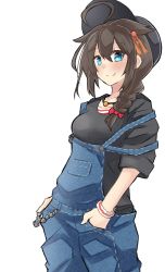 Rule 34 | 1girl, absurdres, ahoge, alternate costume, baseball cap, black hair, black hat, black shirt, blue eyes, bracelet, braid, casual, commentary request, dokuganryuu, hair flaps, hair over shoulder, hands in pockets, hat, highres, jewelry, kantai collection, looking at viewer, one-hour drawing challenge, overalls, shigure (kancolle), shigure kai ni (kancolle), shirt, simple background, single braid, solo, white background