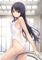 Rule 34 | 1girl, ass, bare arms, bare shoulders, black hair, breasts, coffee-kizoku, commentary request, fingernails, from side, goggles, goggles around neck, highleg, highleg swimsuit, highres, indoors, long hair, looking at viewer, medium breasts, one-piece swimsuit, open mouth, original, pool, pool ladder, purple eyes, shiny skin, shiramine rika, smile, swimsuit, thighs, water, white one-piece swimsuit
