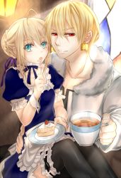 Rule 34 | 1boy, 1girl, apron, artoria pendragon (all), artoria pendragon (fate), bad id, bad pixiv id, black thighhighs, blonde hair, cake, carpe-diem--allegory, cup, earrings, fate/stay night, fate (series), food, frilled thighhighs, frills, gilgamesh (fate), jewelry, maid, maid apron, official alternate costume, red eyes, saber (fate), stained glass, tea, teacup, thighhighs