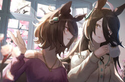 Rule 34 | 2girls, agnes tachyon (umamusume), ahoge, animal ears, bare shoulders, black hair, black ribbon, brown hair, chemical structure, cherry blossoms, coffee mug, commentary request, cup, earrings, hair between eyes, holding, holding cup, horse ears, horse girl, indoors, jewelry, long hair, long sleeves, manhattan cafe (umamusume), mug, multicolored hair, multiple girls, necklace, official alternate costume, open mouth, purple sweater, red eyes, ribbon, shirt, siena (moratoriummaga), single earring, sitting, streaked hair, sunlight, sweater, umamusume, white hair, white shirt, window, yellow eyes