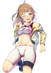 Rule 34 | 10s, 1girl, bad id, bad pixiv id, bare shoulders, bike shorts, blue eyes, breasts, brown hair, covered erect nipples, groin, gundam, gundam build fighters, gundam build fighters try, highres, hoshino fumina, impossible clothes, jacket, medium breasts, midriff, navel, one eye closed, solo, sports bra, vococo