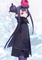 Rule 34 | 1girl, amana (pocketkey), ao-chan (ninomae ina&#039;nis), black coat, black gloves, black scarf, blue eyes, blunt bangs, blurry, blurry background, braid, braided bun, coat, cowboy shot, depth of field, double bun, enpera, floral print, flower, from side, gloves, hair bun, hair flower, hair ornament, haori, highres, holding, hololive, hololive english, japanese clothes, kimono, kinchaku, long hair, long sleeves, looking at viewer, looking to the side, mackintosh rose, mole, mole under eye, ninomae ina&#039;nis, ninomae ina&#039;nis (new year), pointy ears, pouch, purple coat, purple hair, purple kimono, rose print, scarf, sidelocks, sleeves past wrists, smile, snowing, solo, standing, straight hair, striped clothes, striped scarf, virtual youtuber, wide sleeves