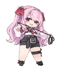 Rule 34 | 1girl, belt, black belt, black footwear, black shorts, blush, chibi, full body, goddess of victory: nikke, hair ribbon, highres, holding, holding whip, long hair, long sleeves, looking at viewer, mole, mole under mouth, mota, open mouth, pink hair, purple eyes, red ribbon, ribbon, shirt, shoes, short shorts, shorts, simple background, solo, standing, teeth, thigh strap, two side up, upper teeth only, very long hair, whip, white background, white shirt, yuni (nikke)