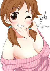 Rule 34 | 10s, 1girl, artist name, bare shoulders, blush, breasts, brown eyes, brown hair, cleavage, grin, highres, idolmaster, idolmaster cinderella girls, kakure animani, katagiri sanae, looking at viewer, off shoulder, one eye closed, ribbed sweater, smile, solo, sweater, twintails, upper body, white background