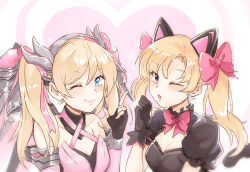 Rule 34 | 2girls, alternate costume, alternate hairstyle, animal ears, bare shoulders, black cat d.va, black dress, black gloves, blonde hair, blue eyes, bow, bowtie, breasts, cat ears, clenched hand, d.va (overwatch), dress, elbow gloves, fingerless gloves, gloves, hair ribbon, halo, halterneck, heart, index finger raised, jewelry, lolita fashion, looking at viewer, mechanical halo, mechanical wings, medium breasts, medium hair, multiple girls, official alternate costume, overwatch, overwatch 1, parted lips, pink bow, pink dress, pink gloves, pink mercy, pink ribbon, pink wings, puffy short sleeves, puffy sleeves, ribbon, short sleeves, siam (meow13), sketch, smile, sparkle, twintails, upper body, wings