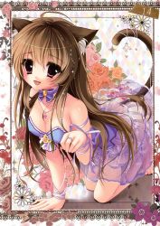 Rule 34 | 1girl, :d, absurdres, ahoge, all fours, animal ears, bracelet, breasts, brown hair, cat ears, cat tail, choker, cleavage, dress, flower, highres, jewelry, open mouth, pink eyes, ribbon choker, rose, see-through, shiramori yuse, smile, solo, tail