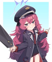Rule 34 | 1girl, absurdres, armband, blue archive, blue eyes, blue halo, coat, halo, hat, highres, iroha (blue archive), jacket, long hair, long sleeves, looking at viewer, loose necktie, military hat, military jacket, momip, necktie, red armband, red hair, sensei (blue archive), smile, trench coat, very long hair, wavy hair