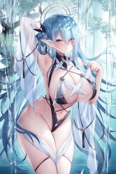 Rule 34 | 1girl, armpits, arms behind head, bare shoulders, bikini, blue hair, blush, braid, breasts, brooch, cleavage, commentary, elf, hair bun, hair ornament, halo, highres, jewelry, large breasts, long hair, looking at viewer, multi-strapped bikini, navel, original, pointy ears, purple eyes, see-through shawl, shawl, solo, sora 72-iro, swimsuit, symbol-only commentary, thighs, very long hair, water, waterfall, wet