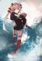 Rule 34 | 10s, 1girl, absurdres, amatsukaze (kancolle), bad id, bad pixiv id, dress, garter straps, hand on own hip, highres, kantai collection, long hair, ocean, red eyes, rensouhou-kun, sailor dress, short dress, silver hair, solo, swd3e2, thighhighs, turret, twintails, two side up, water, zettai ryouiki