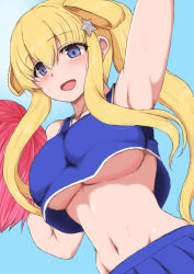 Rule 34 | 1girl, alternate costume, alumina1863, blonde hair, breasts, cheerleader, crop top, crop top overhang, double bun, fletcher (kancolle), hair bun, holding, holding pom poms, kantai collection, large breasts, long hair, midriff, open mouth, pom pom (cheerleading), pom poms, ponytail, purple eyes, smile, upper body