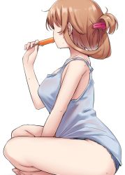 Rule 34 | 1girl, alternate hairstyle, barefoot, black panties, brown hair, camisole, folded ponytail, food, highres, holding, holding food, kantai collection, kiritto, long hair, panties, popsicle, simple background, solo, teruzuki (kancolle), underwear, white background