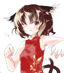 Rule 34 | 1girl, animal ears, armpits, bare shoulders, brown eyes, brown hair, cat ears, cat girl, cat tail, chen, china dress, chinese clothes, dress, earrings, face, female focus, jewelry, multiple tails, one eye closed, shunsei (muratou), solo, tail, touhou, wink