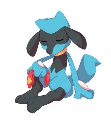 Rule 34 | commentary, commission, creature, creatures (company), english commentary, closed eyes, facing viewer, full body, game freak, gen 4 pokemon, highres, holding, nintendo, no humans, pokemon, pokemon (creature), riolu, salanchu, simple background, sitting, solo, white background