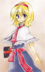 Rule 34 | 1girl, alice margatroid, belt, blonde hair, blue dress, blue eyes, blush, book, capelet, dress, female focus, grimoire, grimoire of alice, hairband, hakui ami, holding, holding book, looking at viewer, short hair, simple background, solo, touhou, white background