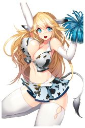 Rule 34 | 1girl, animal ears, animal print, arms up, bell, blonde hair, blue eyes, blush, bouncing breasts, breasts, cheerleader, choker, cow ears, cow girl, cow print, cow tail, cowbell, elbow gloves, gloves, highres, large breasts, long hair, mole, mole under eye, mumu (soccer spirits), navel, neck bell, open mouth, pom pom (cheerleading), smile, snowball22, soccer spirits, solo, tail, thighhighs, transparent background, very long hair