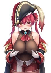Rule 34 | 1girl, absurdres, ascot, bare shoulders, bicorne, breasts, cleavage, gloves, hat, heterochromia, highres, hololive, houshou marine, large breasts, leotard, leotard under clothes, nipple press, nipple stimulation, pirate hat, red ascot, red hair, sleeveless, sleeveless jacket, tousaki (tousakiworks), virtual youtuber, yellow eyes