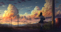 Rule 34 | 1girl, bag, black hair, black socks, carrying, city lights, cloud, daisy, facing away, flower, from side, full body, grass, hair blowing, highres, jacket, kneehighs, loafers, md5 mismatch, medium hair, mountain, mountainous horizon, original, outdoors, pleated skirt, postbox (outgoing mail), power lines, puddle, resolution mismatch, revision, road, rural, scenery, school bag, school uniform, shoes, shoulder carry, skirt, socks, source smaller, sugi87, sunset, twilight, walking, wide shot, wind