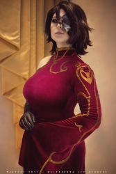 Rule 34 | 1girl, absurdres, black hair, breasts, cinder fall, cinder fall (cosplay), cosplay, dress, female focus, highres, large breasts, photo (medium), red dress, rwby, solo, source request