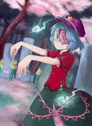 Rule 34 | 1girl, beret, blouse, blue eyes, blue hair, cherry blossoms, chinese text, clothes, female focus, flower, ghost, graveyard, hat, hitodama, jiang shi, jiangshi, matching hair/eyes, miyako yoshika, necktie, ofuda, outstretched arms, pale skin, shirt, short hair, skirt, smile, solo, star (symbol), touhou, turnnail, zombie, zombie pose