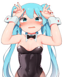 Rule 34 | 1girl, abmayo, absurdres, aqua eyes, aqua hair, arms up, bare arms, bare shoulders, black bow, black bowtie, black leotard, blush, border, bow, bowtie, breasts, collarbone, commentary, covered navel, detached collar, double v, embarrassed, hatsune miku, highres, leotard, long hair, looking at viewer, medium breasts, nail polish, nose blush, open mouth, pantyhose, playboy bunny, red nails, shiny clothes, simple background, solo, strapless, strapless leotard, twintails, v, very long hair, vocaloid, white background, wrist cuffs