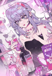 Rule 34 | 1girl, absurdres, arm tattoo, bad id, bad pixiv id, bag, bare arms, bear hair ornament, black dress, bottle, cat, collarbone, commentary, cup, dress, drinking glass, dutch angle, earrings, fang, hair ornament, hairband, handbag, heart, heart tattoo, highres, hoop earrings, jewelry, long hair, matchbox, matches, nail polish, necklace, open mouth, original, pink hairband, pink nails, purple eyes, purple hair, skin fang, solo, sparkle, strapless, strapless dress, symbol-only commentary, taowu (20809), tattoo, upper body