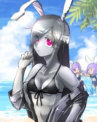 Rule 34 | 3girls, :3, :d, animal ears, beach, bikini, black bikini, blue one-piece swimsuit, blue sky, breasts, closed mouth, cloud, colored skin, commentary request, cookie (touhou), day, expressionless, eyes visible through hair, fake hisui (cookie), grey hair, grey jacket, grey skin, hair between eyes, highres, hisui (cookie), horizon, jacket, long hair, looking at another, looking at viewer, medium breasts, metal hisui (cookie), metal skin, multiple girls, navel, ocean, off shoulder, one-piece swimsuit, one eye closed, open mouth, outdoors, palm tree, purple hair, rabbit ears, red eyes, reisen udongein inaba, school swimsuit, shimosuke, short hair, sky, smile, solid circle eyes, solo focus, splashing, swept bangs, swimsuit, touhou, tree, upper body, water