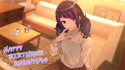 Rule 34 | 1girl, asymmetrical bangs, birthday, box, brown skirt, cake, closed mouth, couch, cup, dated, diagonal bangs, ear piercing, earrings, english text, eyeshadow, food, gift, gift box, happy birthday, highres, idolmaster, idolmaster shiny colors, indoors, jewelry, lens flare, lipstick, long hair, long sleeves, looking at viewer, makeup, nail polish, on couch, piercing, pillow, pink nails, pleated skirt, probatio-diabolica, purple eyes, purple hair, see-through, see-through shirt, shirt, sitting, skirt, smile, solo, sparkle, sweater, table, tanaka mamimi, turtleneck, twintails, white shirt