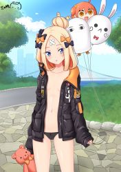 Rule 34 | 1girl, abigail williams (fate), abigail williams (traveling outfit) (fate), arms at sides, balloon, bandaid, bandaid on face, bandaid on forehead, black bow, black jacket, black panties, blonde hair, blue sky, blush, bow, breasts, bridge, cloud, collarbone, commentary request, cowboy shot, crossed bandaids, dated, day, eyes visible through hair, fate/grand order, fate (series), fou (fate), fujimaru ritsuka (female), gluteal fold, hair bow, hair bun, heroic spirit traveling outfit, holding, holding balloon, holding stuffed toy, jacket, long sleeves, looking at viewer, medjed (fate), navel, no bra, official alternate costume, open clothes, open jacket, open mouth, orange bow, outdoors, panties, parted bangs, polka dot, polka dot bow, ppshex, road, shiny skin, signature, single hair bun, sky, sleeves past wrists, small breasts, standing, street, stuffed animal, stuffed toy, teddy bear, tree, underwear
