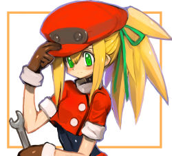 Rule 34 | 1girl, adjusting clothes, adjusting headwear, alternate hairstyle, blonde hair, blush, breasts, brown gloves, buttons, cabbie hat, capcom, dakusuta, gloves, green eyes, green ribbon, hair between eyes, hair ribbon, hand on headwear, hat, high ponytail, holding, holding wrench, long hair, mega man (series), mega man legends (series), ponytail, ribbon, roll caskett (mega man), short sleeves, sidelocks, simple background, small breasts, smile, solo, tools, undershirt, upper body, white background, wrench