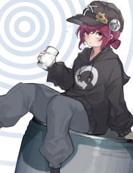Rule 34 | 1girl, airi (sanzennenn), black hoodie, blush, brown headwear, closed mouth, commentary request, cup, drill, expressionless, feet out of frame, gear hat ornament, gears, glass, grey pants, highres, holding, holding cup, hood, hoodie, indie virtual youtuber, kaiten-tsuzuri, looking at viewer, pants, red eyes, red hair, screw hair ornament, short hair, solo, virtual youtuber, water