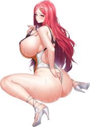 Rule 34 | 1girl, adjusting clothes, adjusting swimsuit, areola slip, arm behind back, ass, backless outfit, backless swimsuit, breasts, butt crack, d-log, high heels, highres, huge breasts, last origin, long hair, looking at viewer, looking to the side, official art, one-piece swimsuit, red eyes, red hair, sitting, skin tight, solo, strato angel (last origin), swimsuit, transparent background, wariza, wet