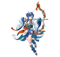Rule 34 | 1girl, aiming, armpits, arrow (projectile), attack, bare shoulders, blue eyes, blue hair, bow (weapon), catria (fire emblem), catria (winds offered) (fire emblem), fire emblem, fire emblem: mystery of the emblem, fire emblem heroes, headband, holding, holding arrow, japanese clothes, nintendo, official alternate costume, official art, pelvic curtain, rope, sandals, shimenawa, short hair, sleeves past wrists, solo, v-shaped eyebrows, weapon, white background
