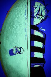 Rule 34 | 1boy, arm behind back, blue theme, cowboy shot, crossed bangs, doorknob, glitch, hair between eyes, halftone, highres, jack-o&#039; ran-tan, looking at viewer, male focus, moon, moon (love-de-lic), napoli no otokotachi, open mouth, opening door, pants, shadow, short hair, simple background, solo, standing, striped clothes, striped sweater, suuno kamibukuro, sweater, translation request, vignetting