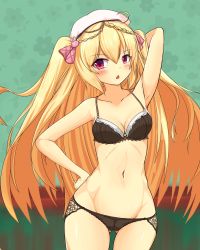 Rule 34 | 1girl, ahoge, arm behind head, arm up, armpits, azur lane, beret, black bra, black panties, blonde hair, blush, bra, braid, breasts, chestnut mouth, cowboy shot, crescent (azur lane), crotch seam, floral background, frown, gluteal fold, green background, groin, hair ornament, hair ribbon, hand on own hip, hat, highres, lace, lace-trimmed bra, lace-trimmed panties, lace trim, long hair, looking at viewer, lowleg, lowleg panties, manatu kato, medium breasts, navel, open mouth, panties, pink ribbon, rabbit hair ornament, red eyes, ribbon, ribs, standing, thighs, two side up, underwear, underwear only, white hat