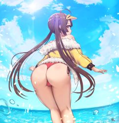 Rule 34 | 1girl, ahoge, arms at sides, ass, azur lane, bad id, bad pixiv id, bare shoulders, bent over, bikini, bikini bottom only, blue sky, blunt bangs, brown hair, cameltoe, cloud, cloudy sky, day, diffraction spikes, feet out of frame, fisheye, from behind, fur-trimmed jacket, fur trim, glowing, glowing petals, guundesu, hat, highres, jacket, kneepits, legs together, long hair, long sleeves, looking at viewer, looking back, outdoors, outstretched hand, parted lips, petals, ping hai (azur lane), ping hai (summer vacation) (azur lane), profile, red eyes, ribbon-trimmed bikini, side-tie bikini bottom, sidelocks, sky, solo, standing, swimsuit, teeth, thong bikini, tsurime, twintails, very long hair, visor cap, water, water drop, wedgie, yellow hat, yellow jacket