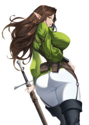 Rule 34 | 1girl, ass, belt pouch, black corset, black footwear, black wrist cuffs, blueorca, boots, breasts, brown hair, commentary, corset, elf, english commentary, floating hair, from behind, green hair, green shirt, hand on own hip, highres, holding, holding sword, holding weapon, large breasts, long hair, looking at viewer, looking back, mole, mole under mouth, o-ring strap, original, pants, parted lips, pointy ears, pouch, sheath, sheathed, shirt, simple background, solo, sword, thigh boots, thighs, weapon, white background, white pants, wrist cuffs