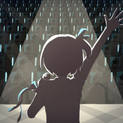 Rule 34 | 1girl, audience, avogado6, bow, concert, from behind, hair bow, hand up, holding, holding microphone, idol, light stick, microphone, one side up, original, short hair, silhouette, solo focus