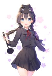 Rule 34 | 1girl, black hair, black skirt, blue eyes, braid, eyebrows, floral background, hat, highres, long hair, long sleeves, looking at viewer, military, military hat, military uniform, neck ribbon, open mouth, original, pleated skirt, ribbon, shoonear, simple background, skirt, solo, soup ladle, uniform