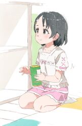 Rule 34 | 1girl, black hair, blush, closed mouth, collarbone, commentary request, full body, gomennasai, grey eyes, hair ornament, hairclip, highres, holding, idolmaster, idolmaster cinderella girls, idolmaster cinderella girls u149, layered skirt, motion lines, no shoes, on floor, parted bangs, pink skirt, puffy short sleeves, puffy sleeves, rabbit hair ornament, sasaki chie, seiza, shirt, short sleeves, sitting, skirt, smile, socks, solo, white shirt, white socks, wooden floor